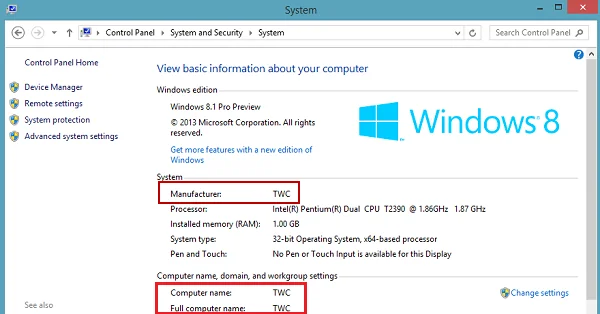 Windows System window showing custom OEM manufacturer and support information