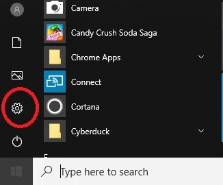Settings gear icon in the Windows 10 Start menu