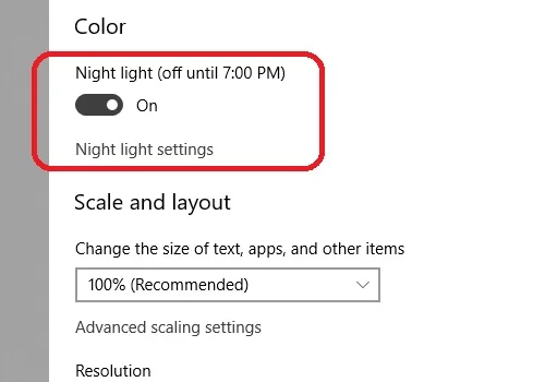 Night light switch turned on in Windows 10 Display settings
