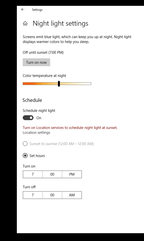 Night light schedule set to custom on and off times