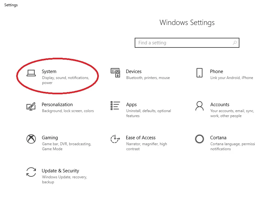 System option in Windows 10 Settings