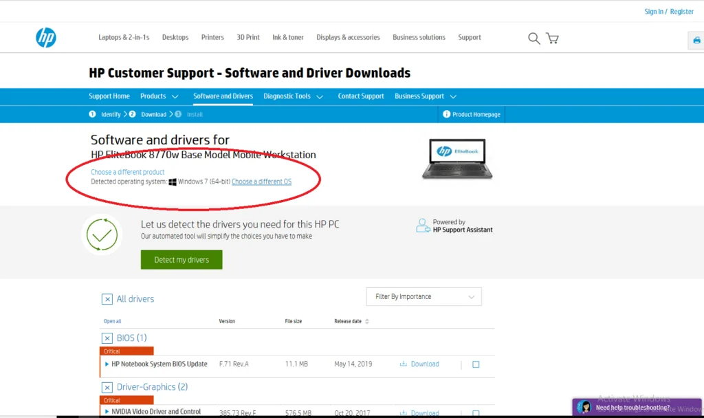 HP driver download page listing the JMicron PCIe SD Host Controller driver