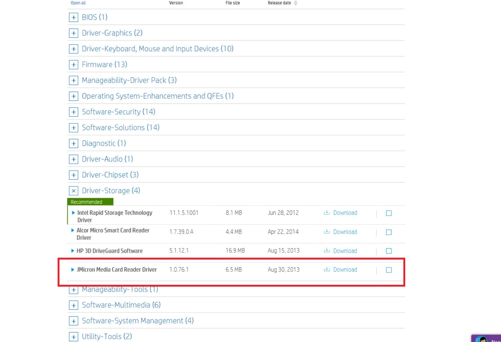 Device Manager after installing the JMicron SD host controller driver