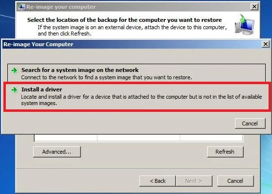 Windows setup screen with the Load driver option
