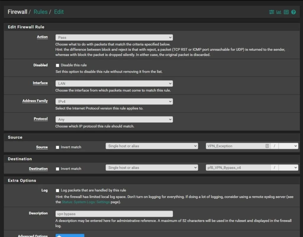 pfSense LAN firewall rule that sends streaming traffic around the VPN