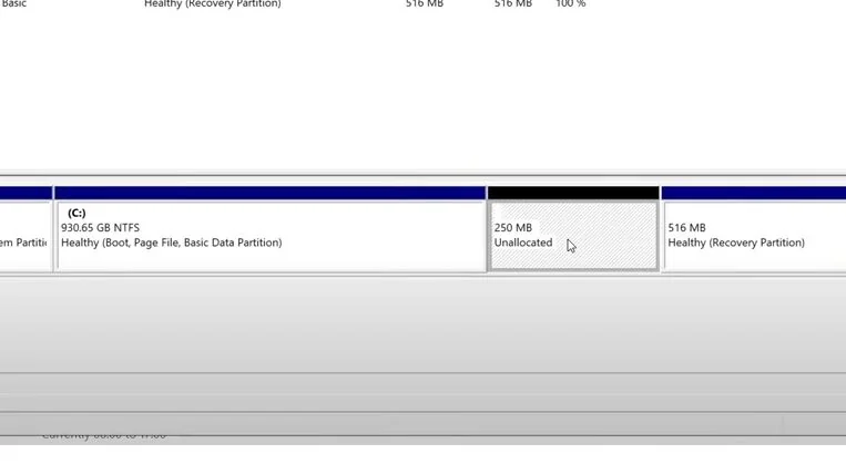 Disk Management showing new unallocated space