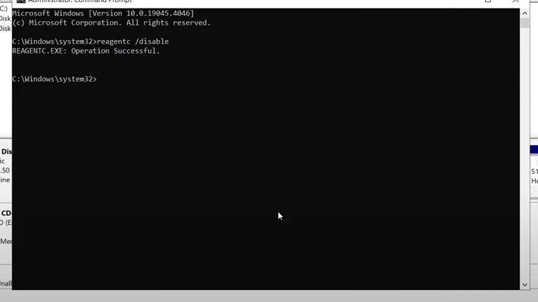 Administrator Command Prompt running reagentc /disable