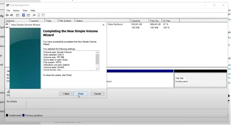 New Simple Volume Wizard finish screen