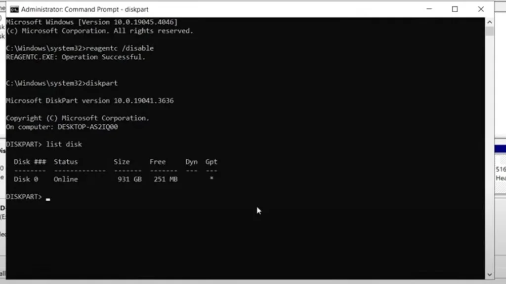 DiskPart list disk output