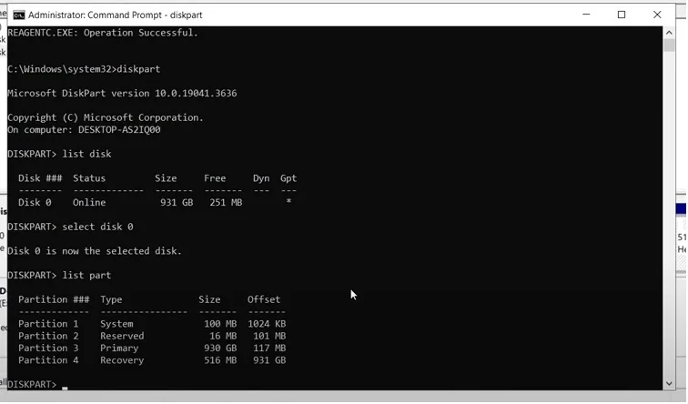DiskPart list part output showing the recovery partition