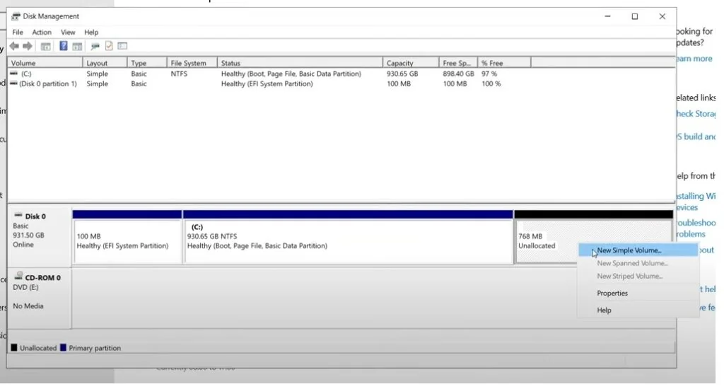 Right-click menu on unallocated space with New Simple Volume