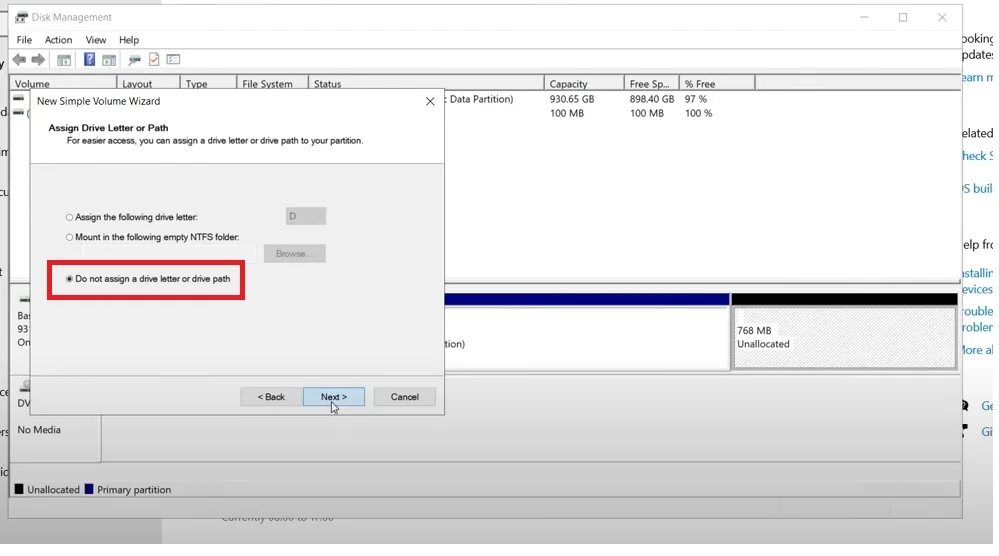 Wizard option Do not assign a drive letter or drive path selected