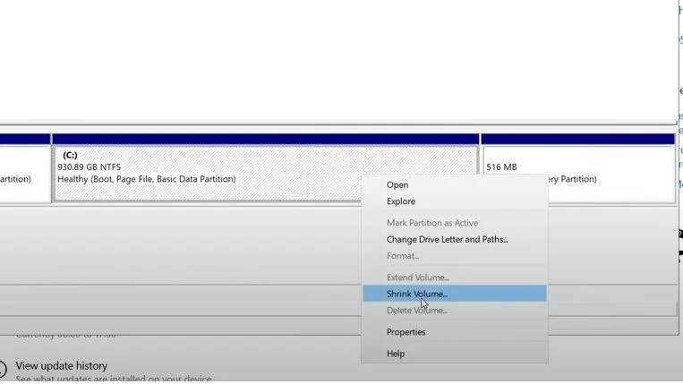 Right-click menu on the C: drive with Shrink Volume