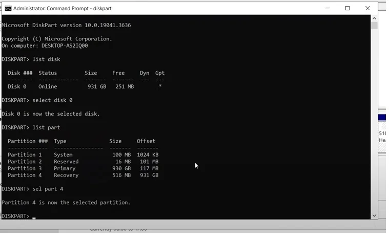 DiskPart selecting the recovery partition