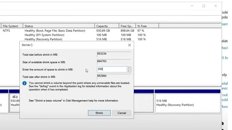 Shrink dialog set to 250 MB