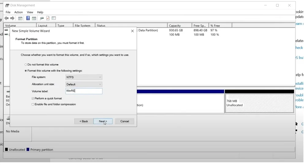Format partition step with the volume label WinRE