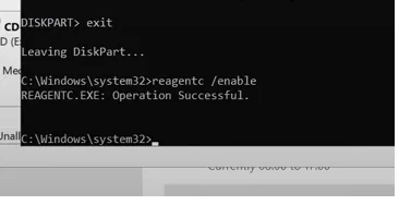 Command Prompt running reagentc /enable