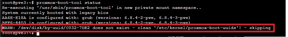 proxmox-boot-tool status output with a warning