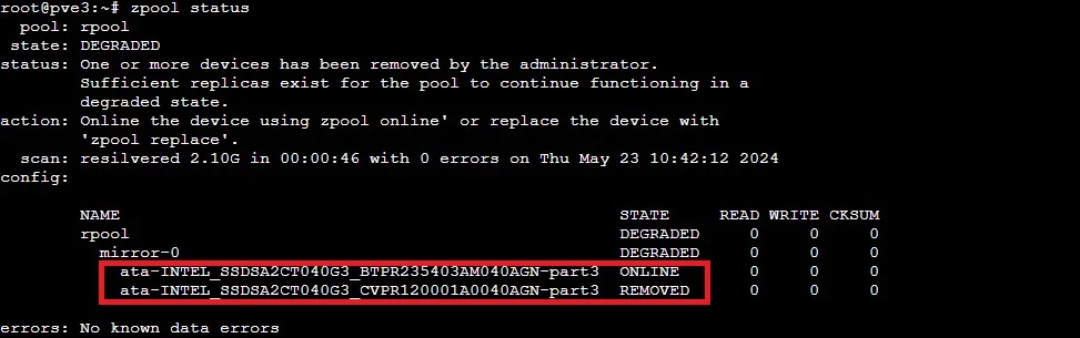 zpool status showing a removed disk in the Proxmox boot pool