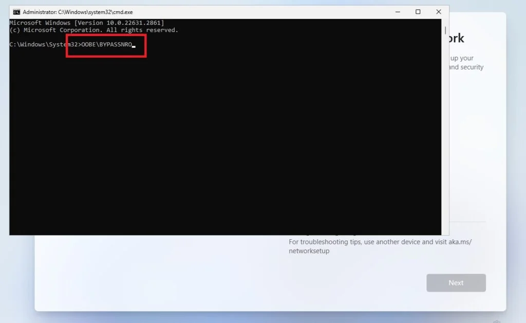 Windows 11 setup Command Prompt running OOBE\BYPASSNRO