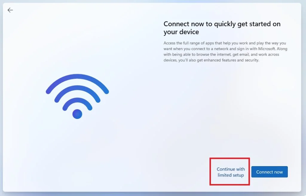 Windows 11 setup screen with the Continue with limited setup option