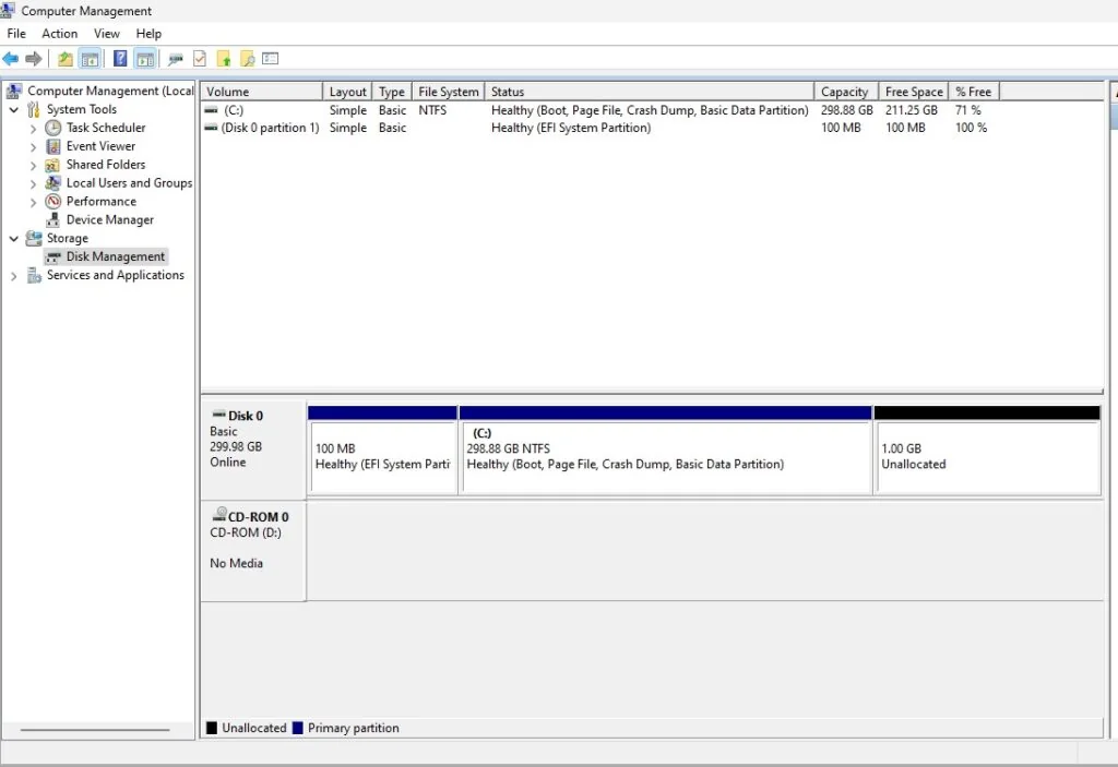 Disk Management showing 1 GB of unallocated space after the extend