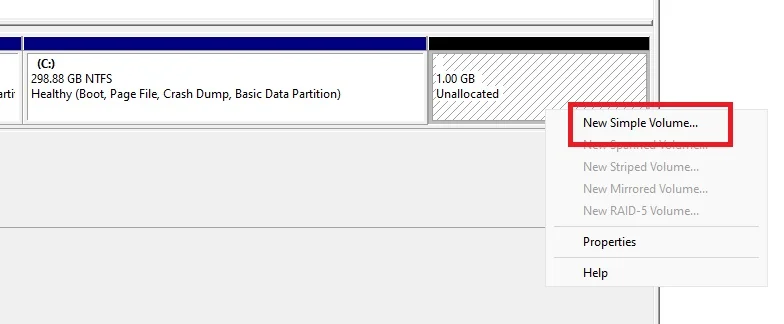 Disk Management right-click menu with New Simple Volume