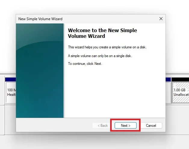 New Simple Volume Wizard welcome screen
