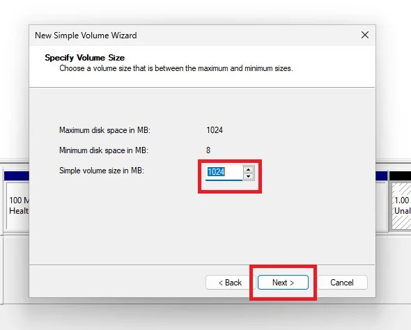 New Simple Volume Wizard volume size step