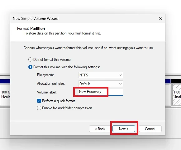 Format partition step with the volume label New Recovery