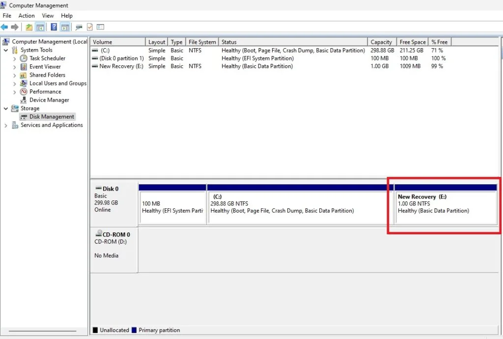 Disk Management showing the new 1 GB New Recovery partition