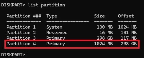 DiskPart list partition output