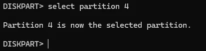 DiskPart selecting the new recovery partition