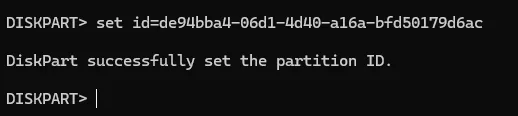 DiskPart setting the GPT recovery partition type ID