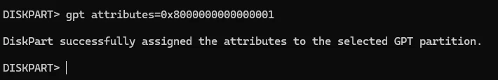 DiskPart setting GPT attributes 0x8000000000000001