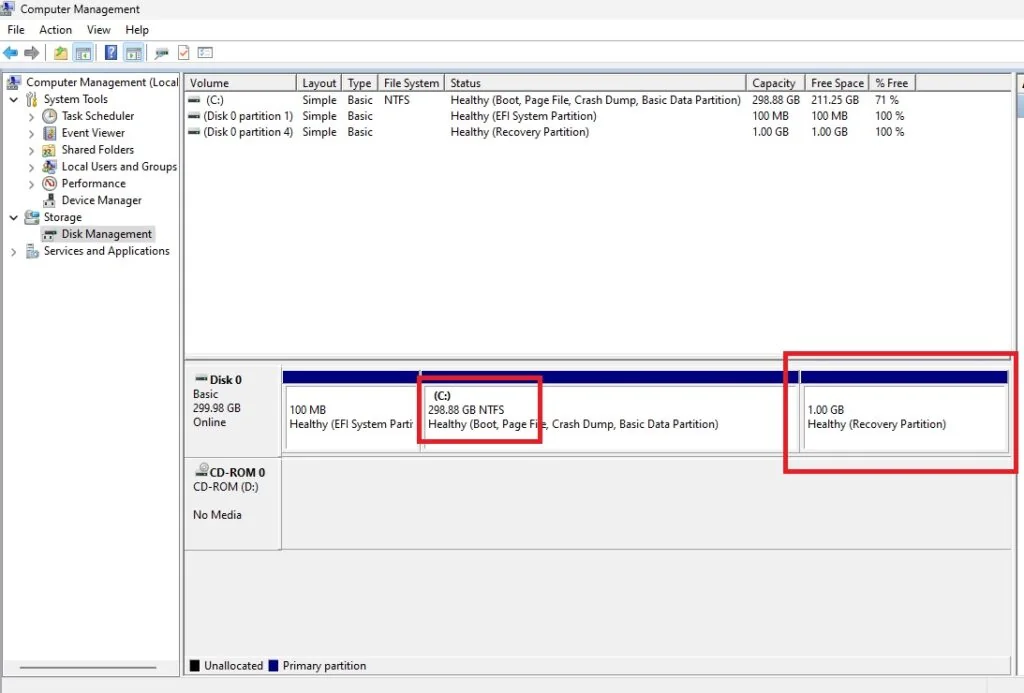 Disk Management showing the moved recovery partition