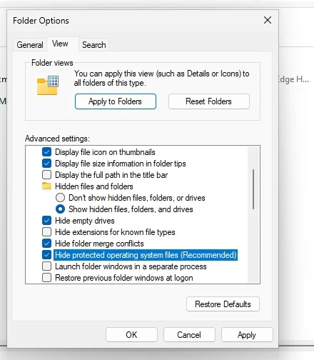 Folder Options with Hide protected operating system files unchecked